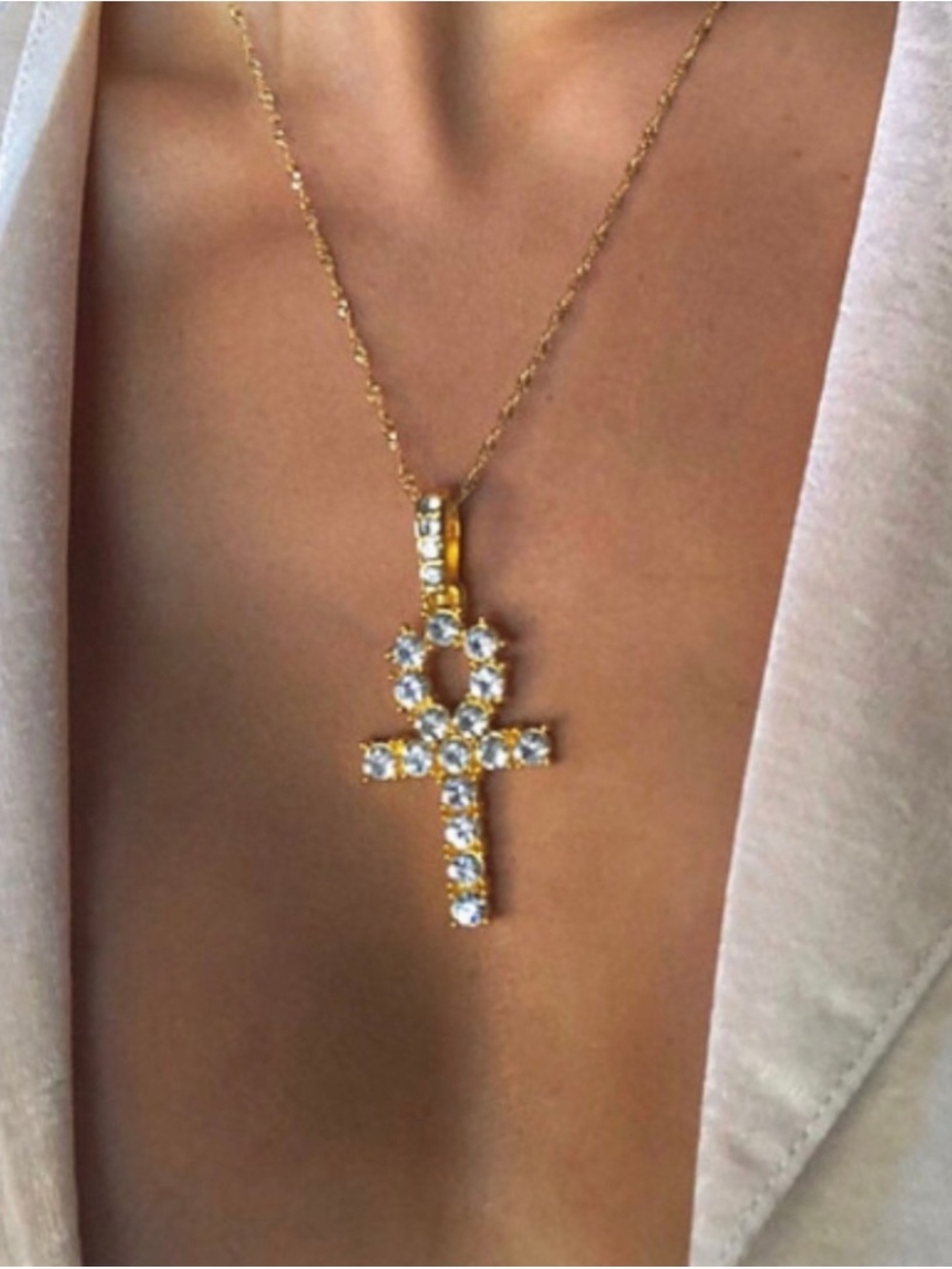 Gold Ankh Pendant Necklace with Clear Stones 18inch